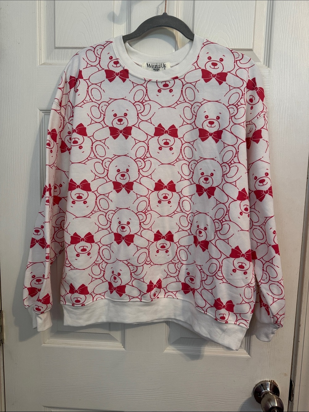 Wound Up White Sweater with Red Bear Print